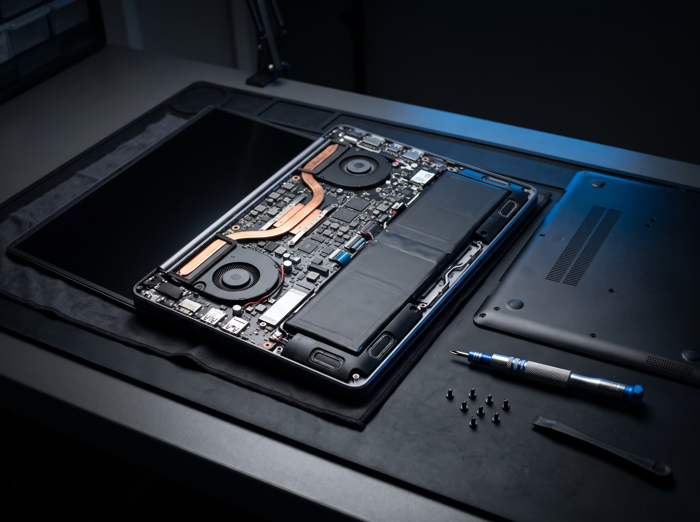 A laptop with its bottom cover removed on a workbench, showing the motherboard, cooling fans and battery beside a precision screwdriver
