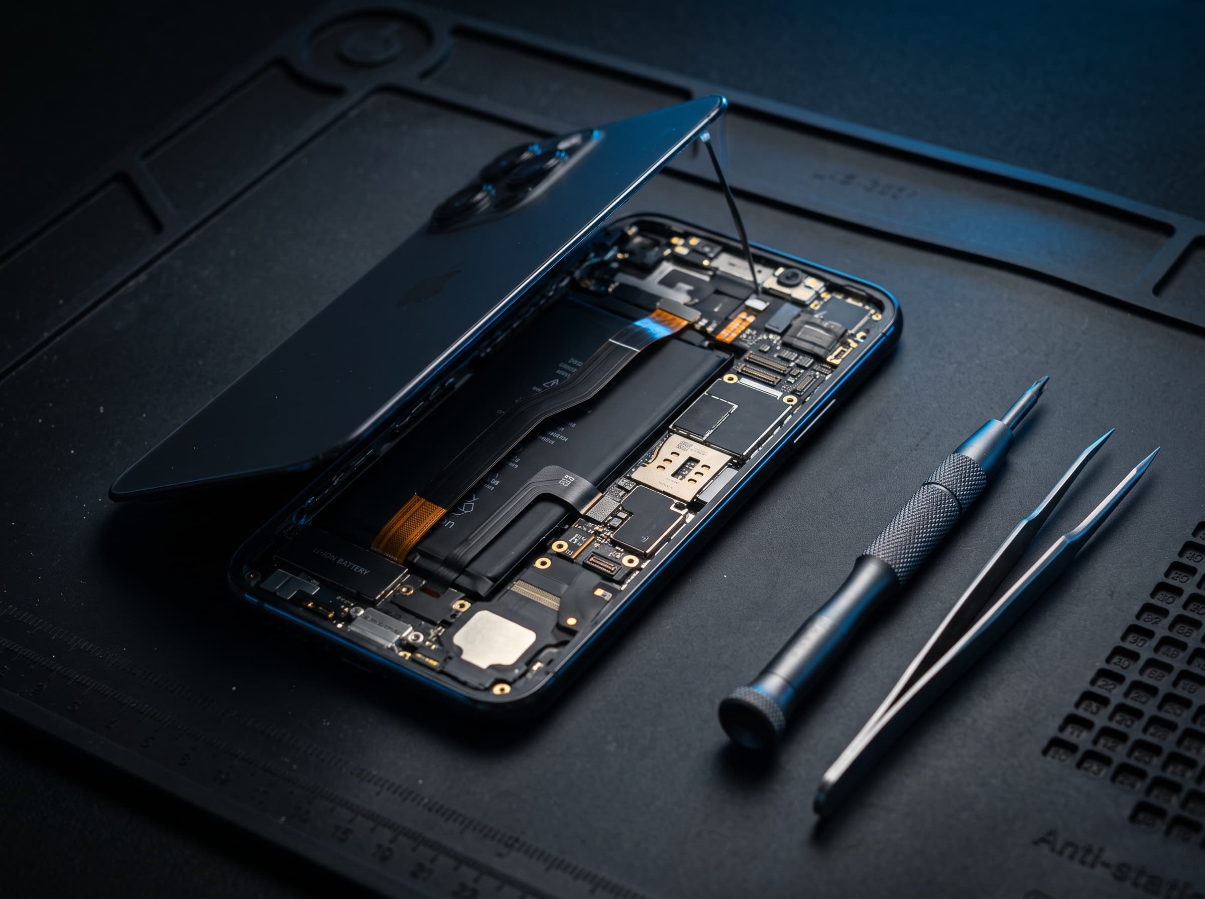 An opened smartphone on an anti-static repair mat, showing its battery and circuit board beside a precision screwdriver and tweezers