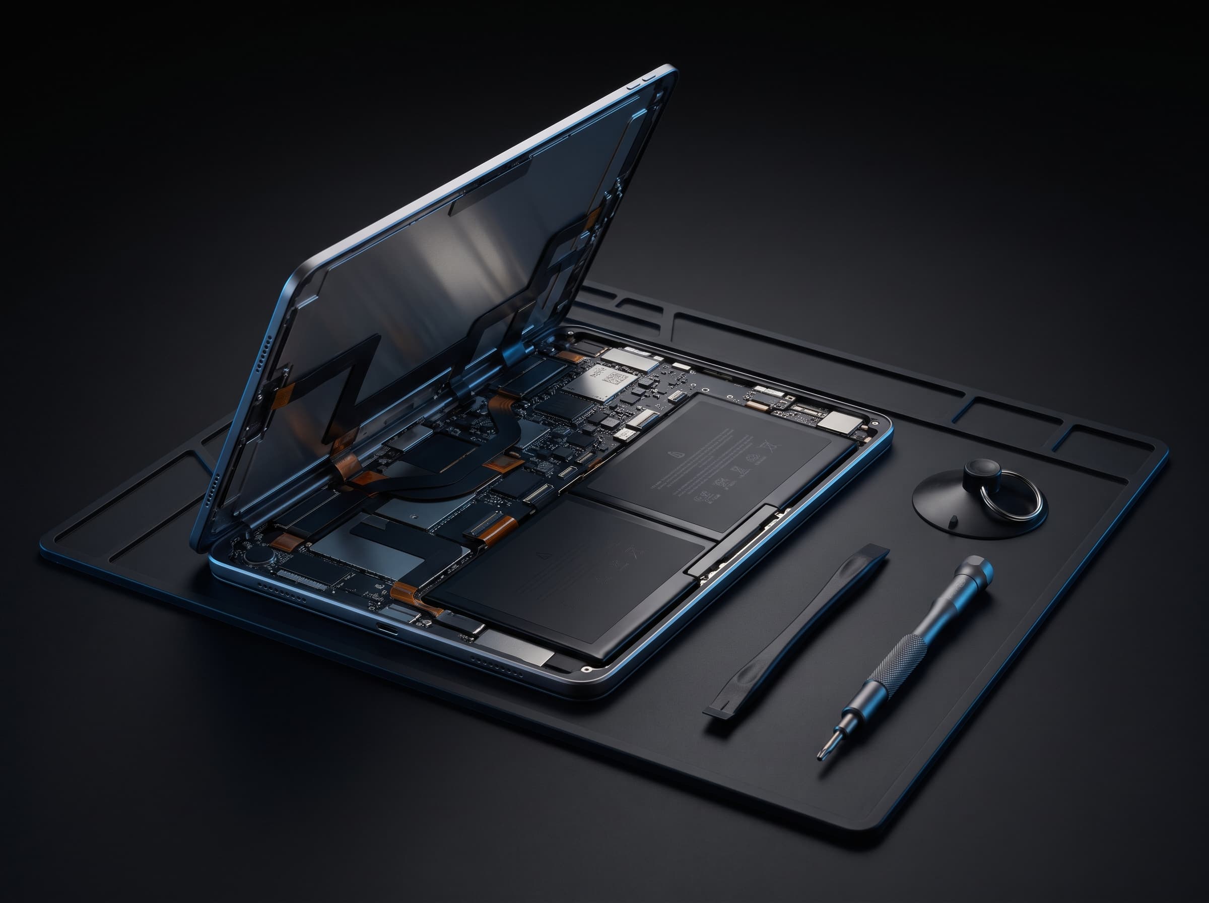 A tablet carefully opened on a repair mat, revealing its battery cells and logic board next to opening tools